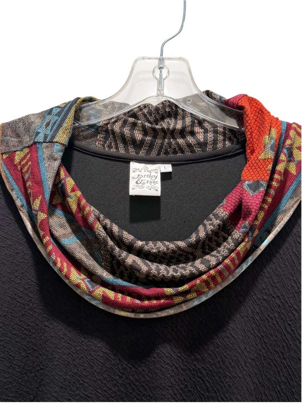 Parsley & Sage Black Textured Tunic w/ Colorful Print Cowl Neck & Trim - Large - Picture 4 of 6